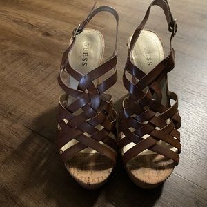 Brown Strappy High Heel Cork Wedges with Gold Accents
